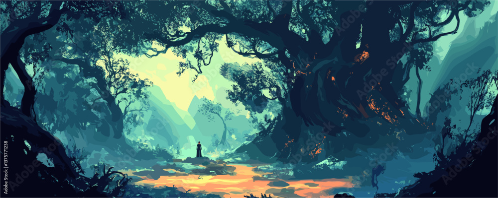Poster mystical forest scene with enormous trees and lone figure in vibrant colors - vector.