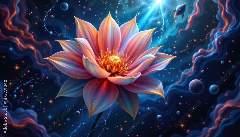 Poster cosmic bloom create a flower that seems to be blooming in outer space, surrounded by stars and nebul