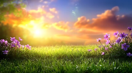 Fototapeta premium Wildflowers Blossom in Sunlit Green Grass Field with Dramatic Sky Landscape