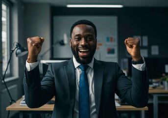 Happy Office Employee Raises Hands in Achievement Celebration