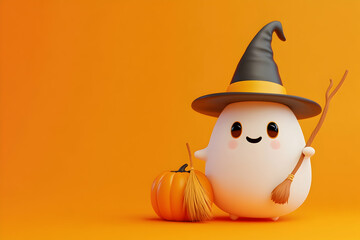
3D render of a cute ghost character wearing a witch hat and holding a broom, standing next to a pumpkin on an orange background