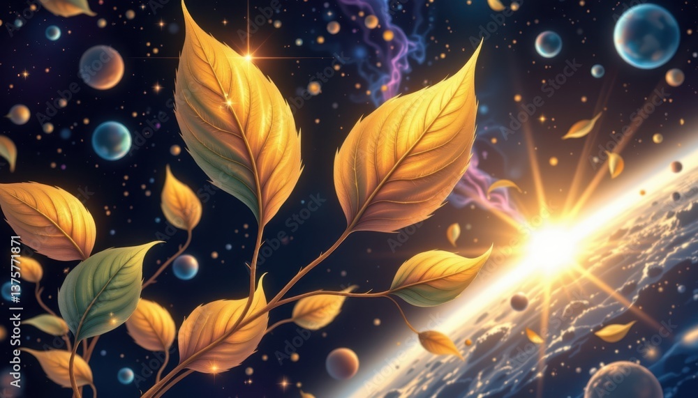 Poster celestial leaves illustrate leaves shimmering with cosmic light, floating in an otherworldly setting