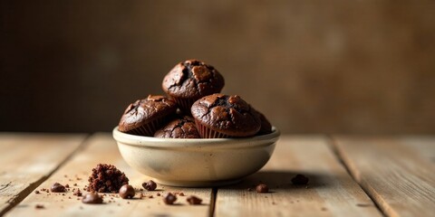 A bowl of delicious chocolate muffins sits on a rustic wooden table, offering a tempting treat for a cozy afternoon
