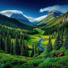 Glacier National Park mountains mist concept. A breathtaking valley scene featuring lush green...