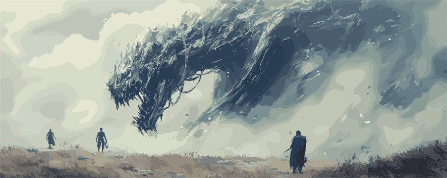 Enormous dragon confrontation in misty landscape with adventurers vector.