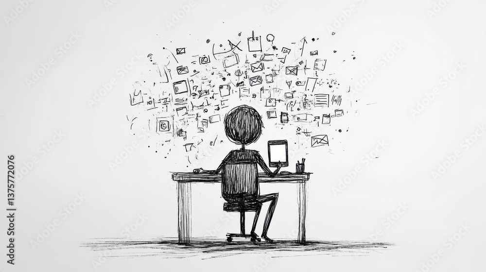 Poster a person sits at a desk surrounded by a chaotic burst of digital icons and symbols, representing inf