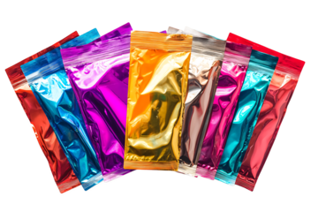 Assortment of colorful shiny foil bags arranged in a fan shape against a black background