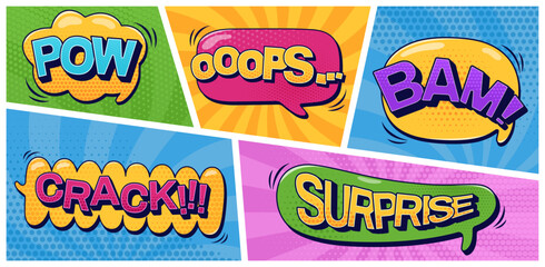Speech bubbles pack. Pow Bam Surprise Crack Ooops text and halftone elements on color groovy shape patterns. Vector color cartoon illustrations drawn in pop art style.