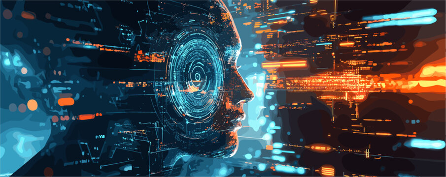 Futuristic ai technology concept with human face profile and digital interface - vector.