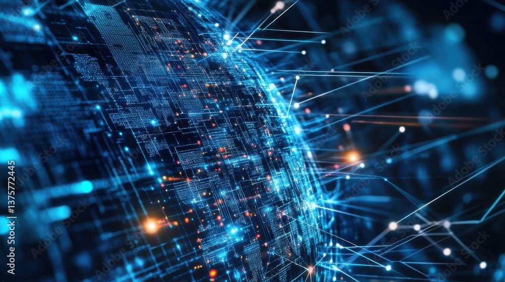 Poster a digital representation of a globe with interconnected lines and nodes, symbolizing technology, dat