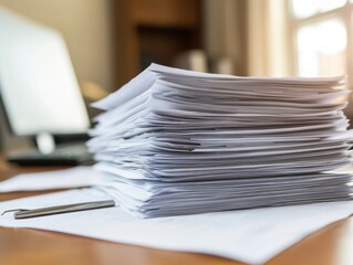 Overwhelmed: Huge Pile of Documents on Desk with Computer and Pen in Office