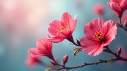 Obraz premium Delicate Pink Blossoms in Soft Light, Gracefully Arranged on a Branch, Exhibiting Vibrant Petals and a Gentle Aura