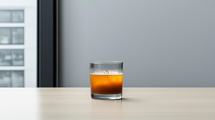 A glass of amber colored drink with ice cubes