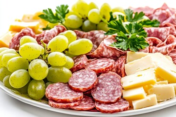 A deliciously arranged platter of brie, cheddar, green grapes, dark grapes, crackers, and salami creates the perfect setting for a mouthwatering culinary experience, great for social gatherings