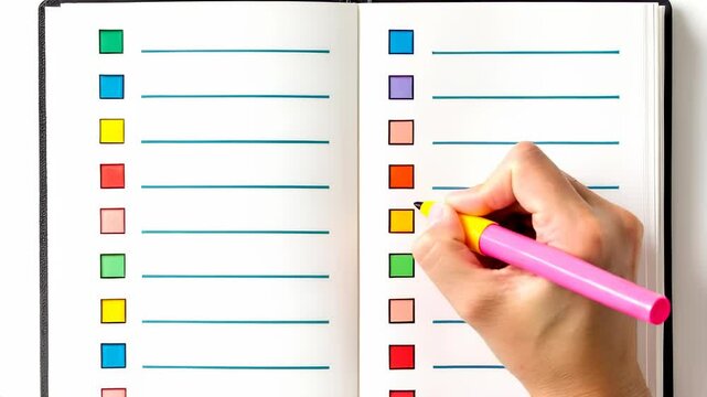 Productivity hacks concept. A hand writing in a notebook with colored boxes and lines for organization.