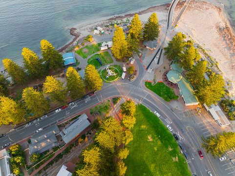 Aerial view of a busy coastal esplanade lined with trees and parkland