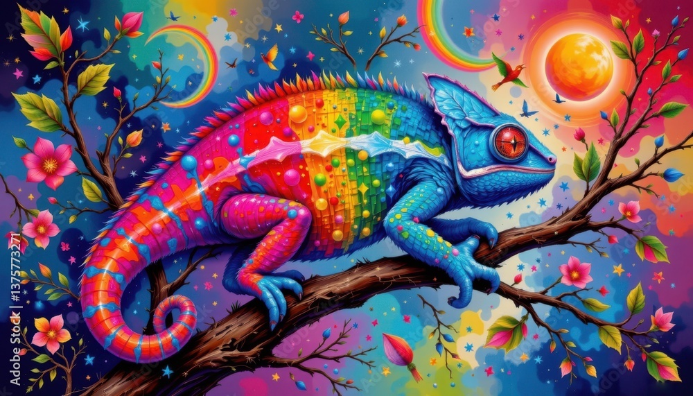 Poster chameleon tapestry create an artwork showcasing a tapestry that shifts in color as if reacting to li