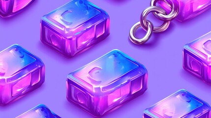 Purple and Blue Glowing Money Blocks with Silver Chain on Lavender Background