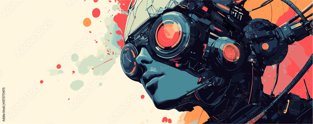 Poster futuristic cyborg with high-tech goggles and abstract background elements - vector.
