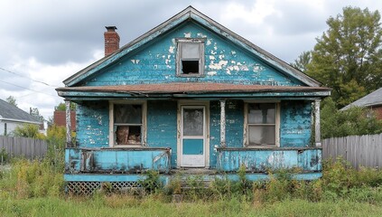 A Weathered Teal House with Broken Windows and Peeling Paint at the Corner of an Urban Neighborhood in the Woods, Cracked Front Porch, Lack of Fence, Desolate Appearance, Small Roof Piles, 