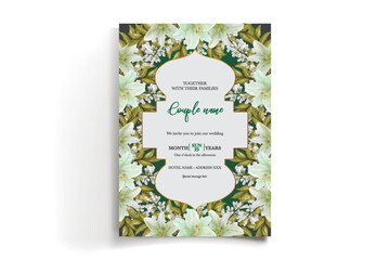 WEDDING INVITATION FRAME WITH FLOWER DECORATIONS AND FRESH LEAVES