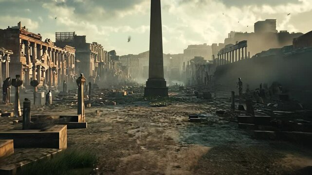 Stunning view of a deserted ancient city in ruins under a dramatic sky at dusk with an obelisk in the center