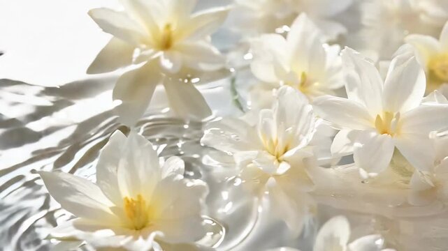 A serene composition featuring delicate white jasmine flowers gently floating on the surface of calm water, creating a tranquil and elegant atmosphere with soft natural lighting.