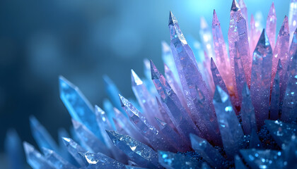 Jagged, crystalline structures growing in an abstract, geometric pattern, with shimmering shades of cyan, lavender, and sapphire