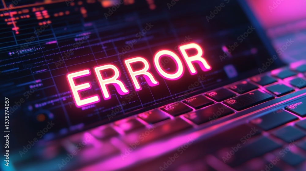 Poster neon error text on laptop screen. neon effect digital glitch screen background. 3d rendering banner