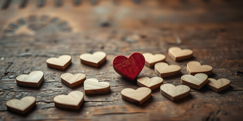 Wooden Heart Shapes on Rustic Surface with One Red Heart Among Natural Wood Hearts