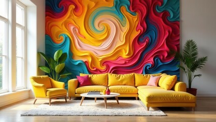 Vibrant Abstract Wall Art Accentuates a Modern Living Room with Yellow Sofa and Matching Armchair