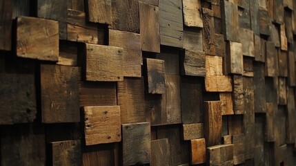 Wooden block mosaic texture is shown on a wall background. Use the image for rustic or natural design and decoration projects.