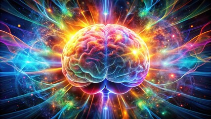 Obraz premium A vibrant, colorful depiction of a brain surrounded by energetic waves and cosmic elements, symbolizing creativity and intellect.