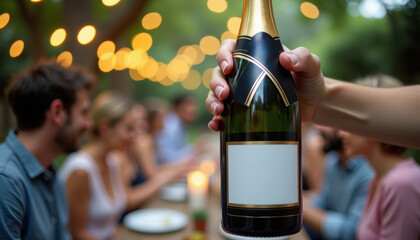 Champagne bottle mockup. Outdoor event with hand holding mockup champagne bottle — blank label for festive beverage branding in warm summer celebration setting.