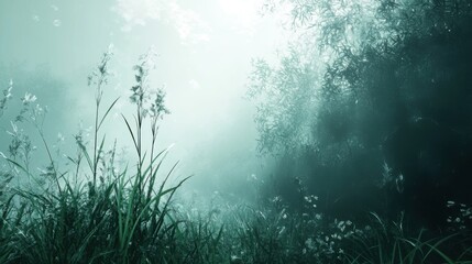 A serene, misty landscape featuring tall grasses and foliage, creating a tranquil, ethereal atmosphere.