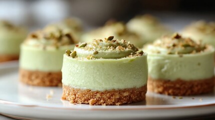 Delicate mini cheesecakes on a white plate. Pistachio-topped green cheesecake steals the show! Soft focus highlights the sweet treat