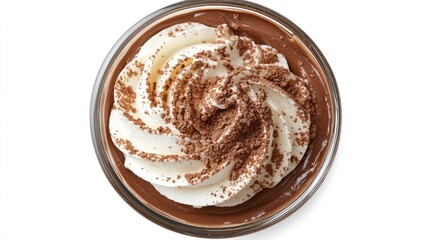 A chocolate mousse in a glass cup with a swirl of whipped cream on top, garnished with cocoa powder