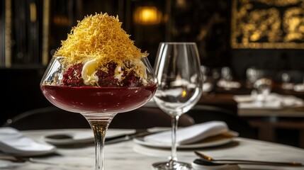 Naklejka premium A classic French mousse au chocolat in a glass dish, garnished with grated chocolate