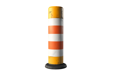 A traffic bollard with orange and white stripes and yellow top and bottom isolated on black background
