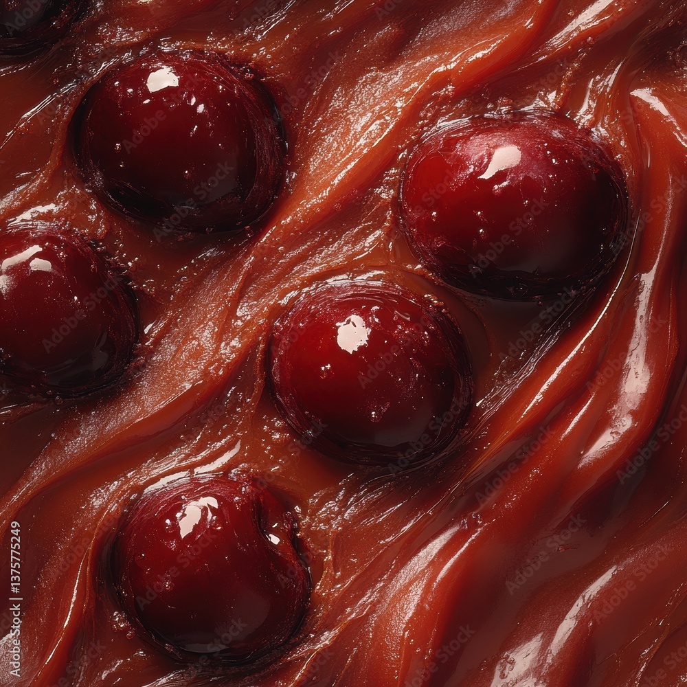 Poster a close-up image of glossy, dark chocolate with spherical cherry toppings creating a rich and indulg