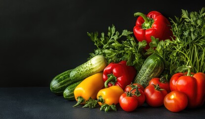 Colorful fresh vegetables. A vibrant display of various colorful vegetables. Cucumbers, peppers, and tomatoes sit amongst fresh parsley