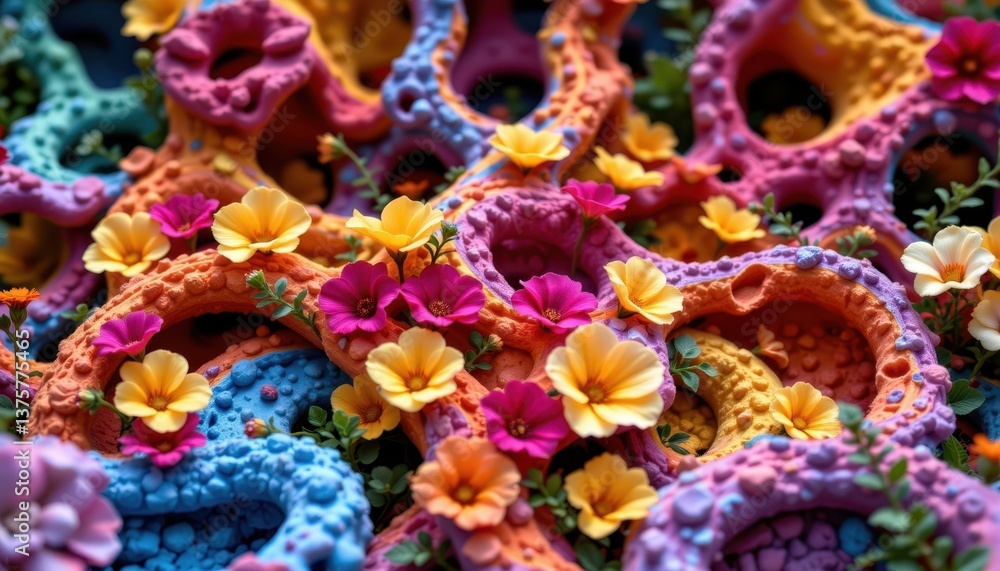 Poster cellular garden imagine a garden where flowers resemble cellular structures, intertwining vibrant co
