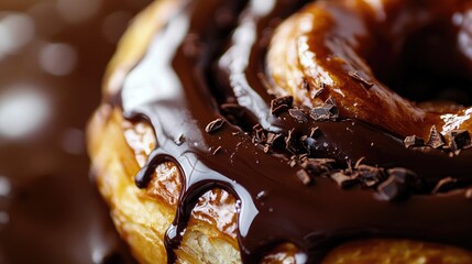 A close-up of a chocolate croissant's layers, with melted chocolate peeking from the edges