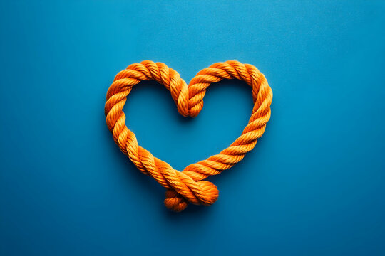
A heart-shaped knot made of orange rope on a blue background, flat lay, close-up.