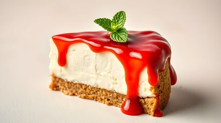 "A slice of rich, creamy cheesecake with a graham cracker crust, topped with glossy strawberry sauce and a fresh mint leaf.
