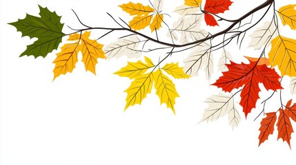 Colorful Autumn Branch with Maple Leaves on White Background