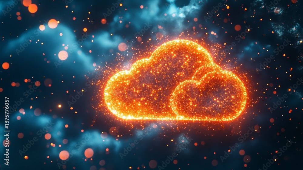 Aufkleber glowing cloud icon made of particles on blue background. cloud computing, data concept.