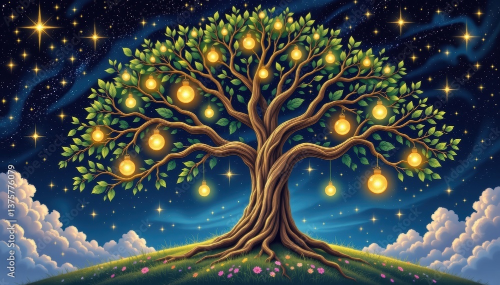 Aufkleber tree of life and dreams illustrate a grand tree with branches extending into a starry night sky, wit