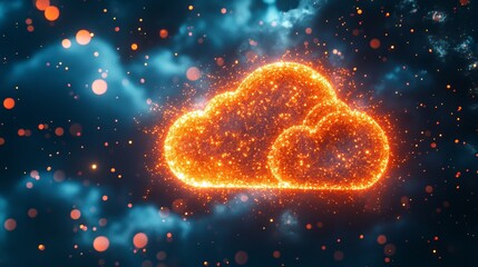 Glowing cloud icon made of particles on blue background. Cloud computing, data concept.
