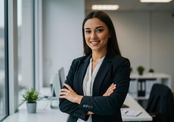 Smiling Businesswoman with Crossed Arms in Modern Workplace